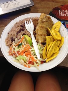 whole fried jack, coconut rice & beans, cabbage salad, fried plantains